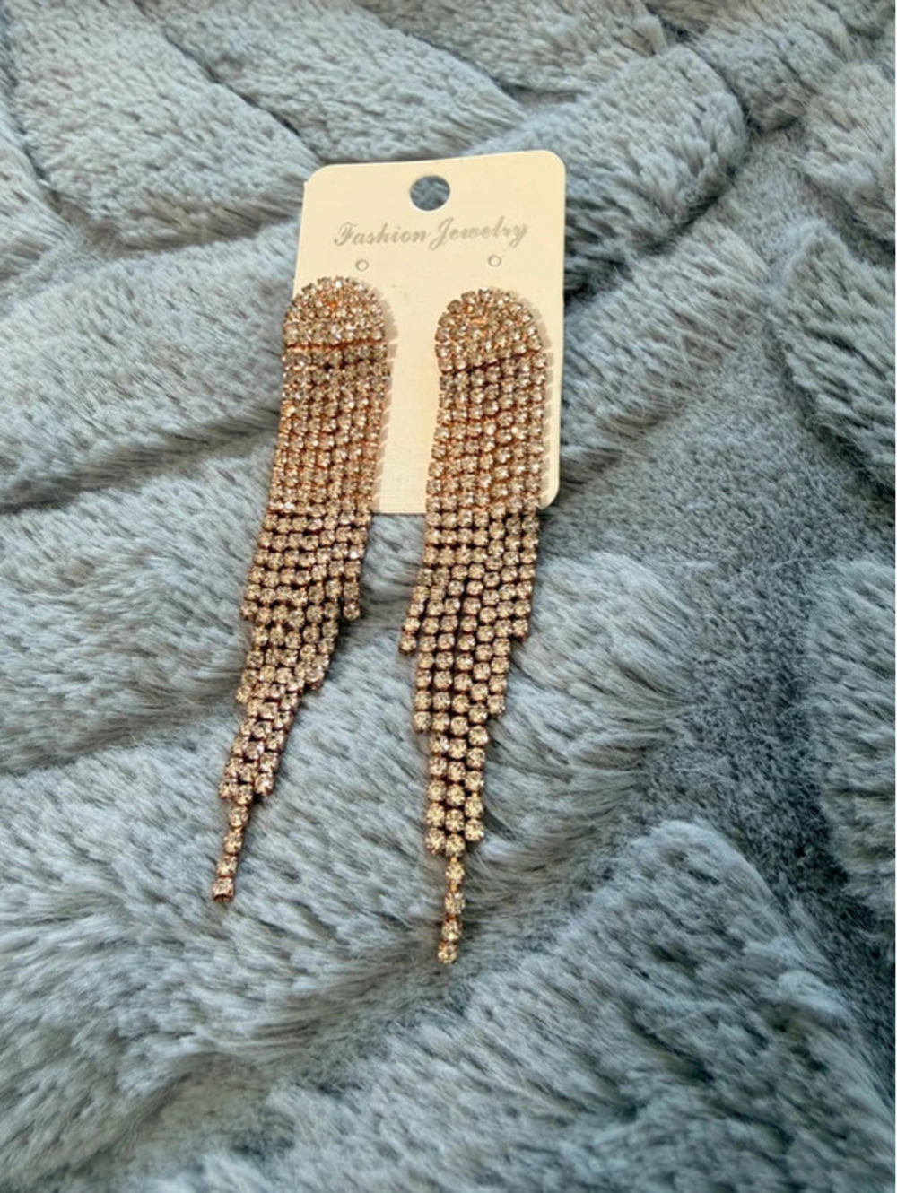 Rose Gold Rhinestone Waterfall Clip On Statement Earrings